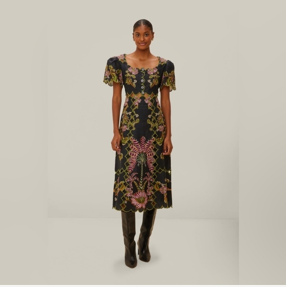 Farm Rio Black Ravenala Short Sleeve Maxi Dress Medium B1655